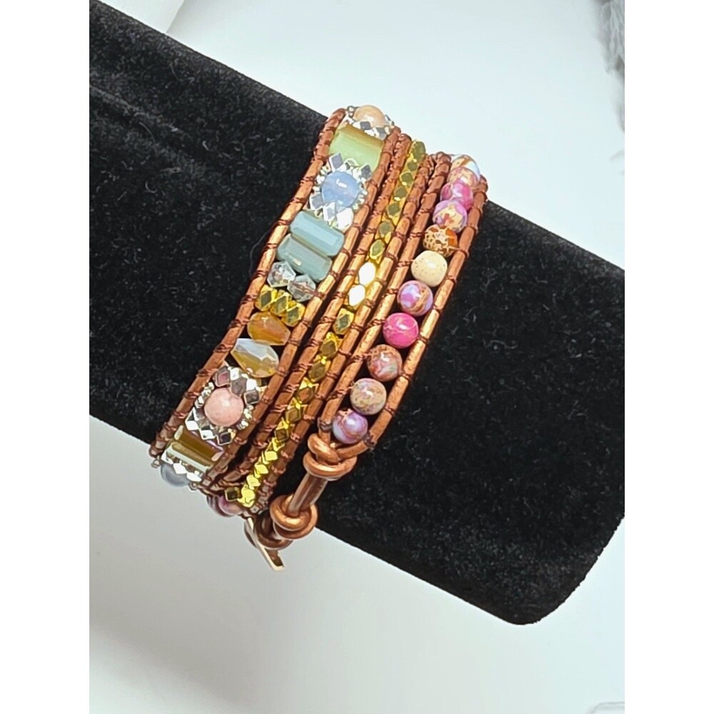 Boho Multi Wrap Bracelet Copper Leather Mixed Bead Crystal Heart Button Closure